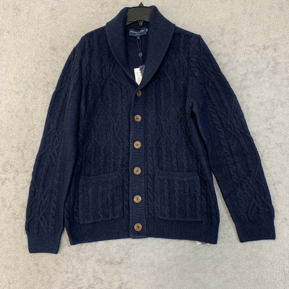 NWT Paisley & Gray Men's L Navy Slim Fit Cable Knit Cardigan Sweater Wool Blend